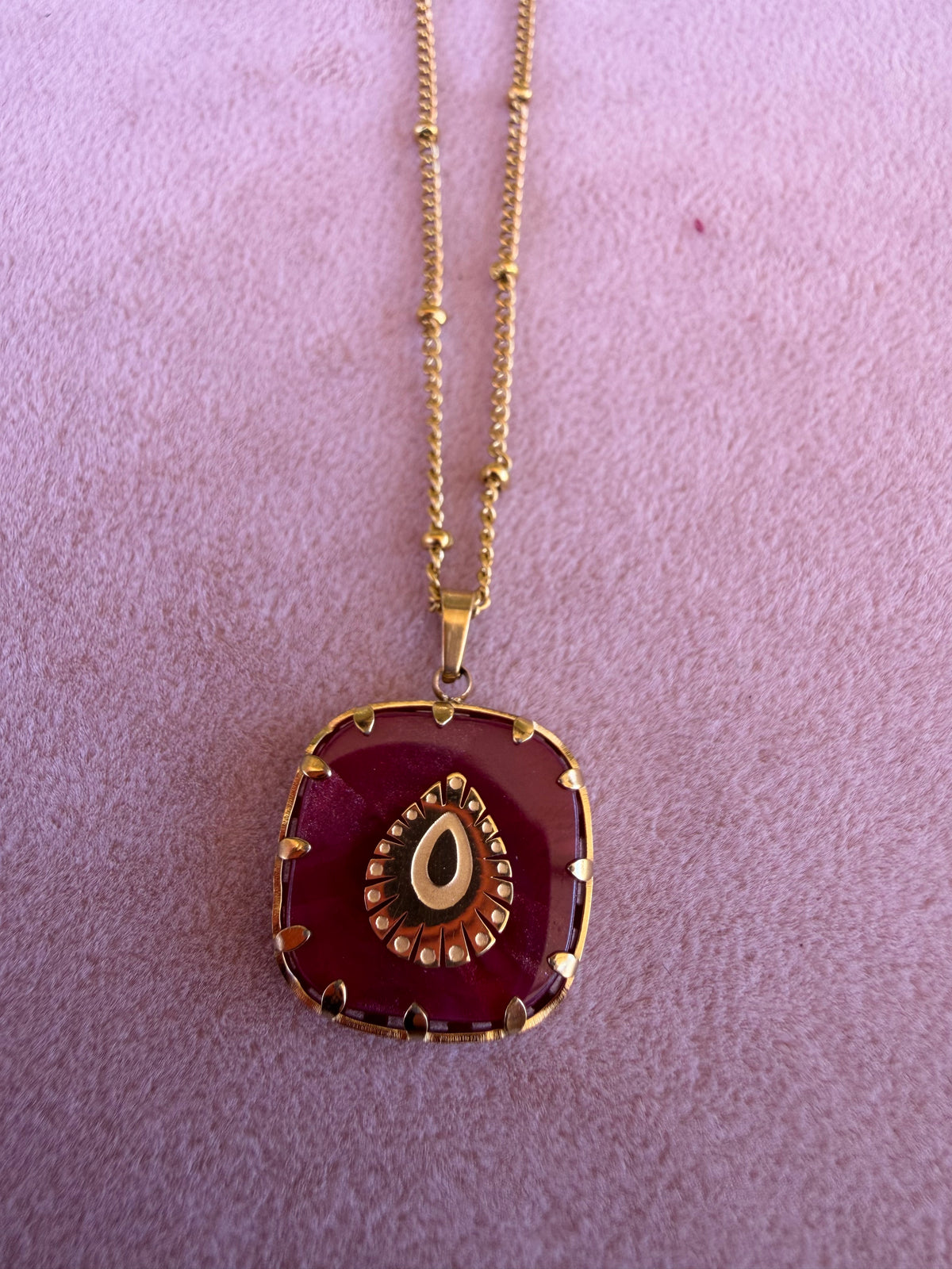Gold Square Red Enamel Evil Eye Pendant Necklace
