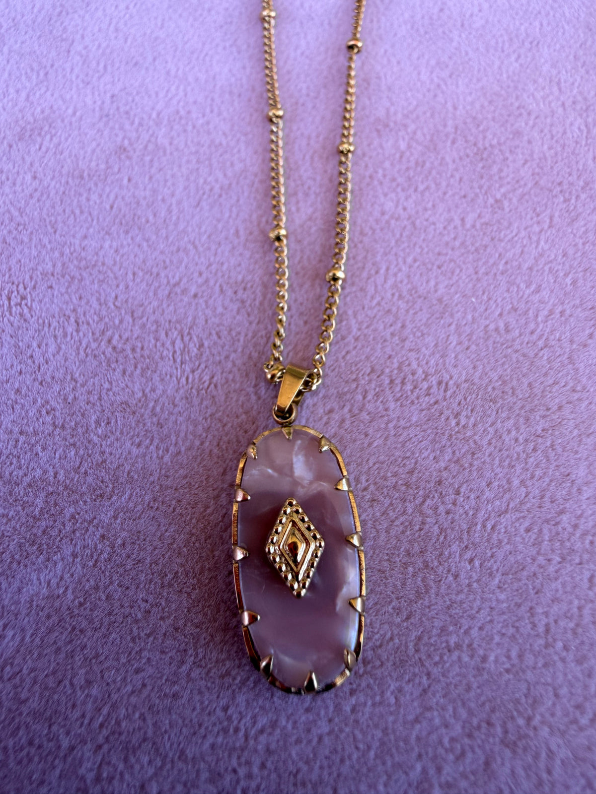 Gold Oval Pink Rose Quartz Pendant Necklace with Geometric Diamond Accent