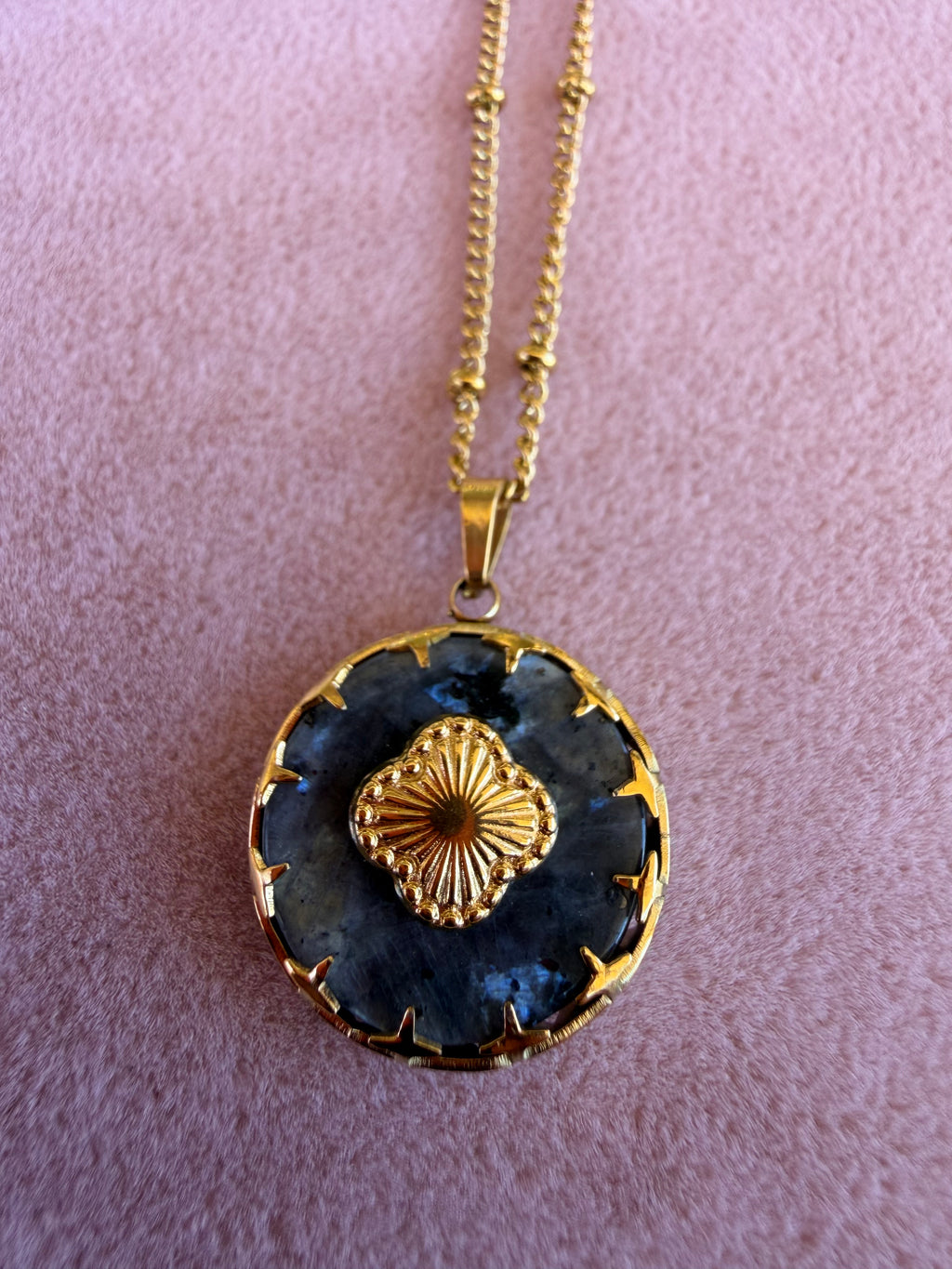 Gold Round Dark Navy Stone Pendant Necklace with Floral Center Medallion