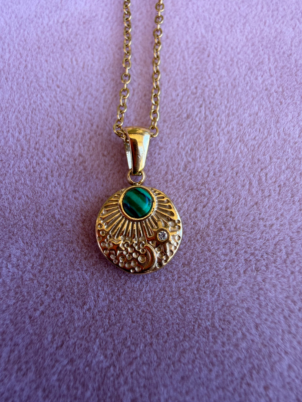 Gold Sunburst Disc Pendant Necklace with Malachite Stone and Crystal Accent