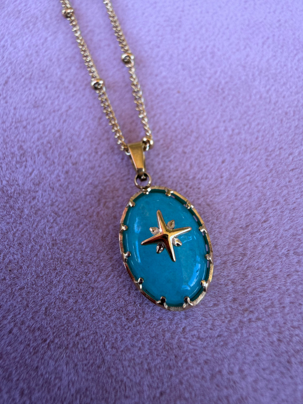 Gold Oval Turquoise Pendant Necklace with North Star