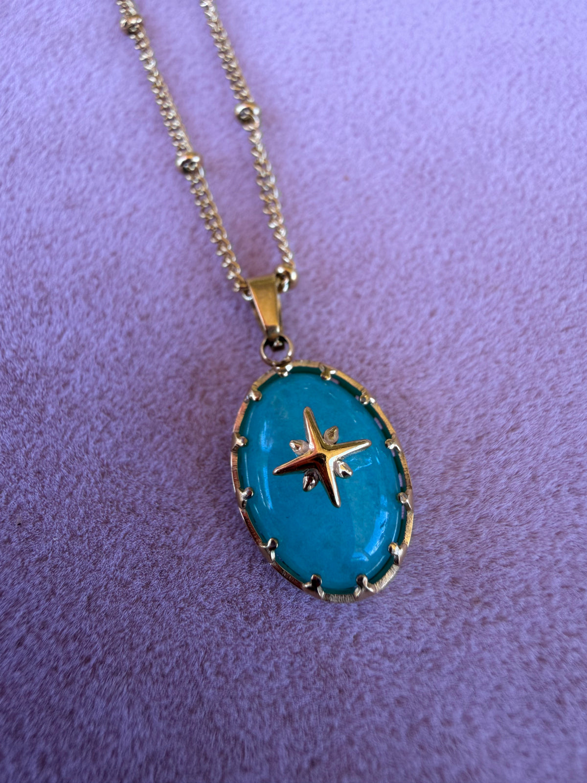Gold Oval Turquoise Pendant Necklace with North Star