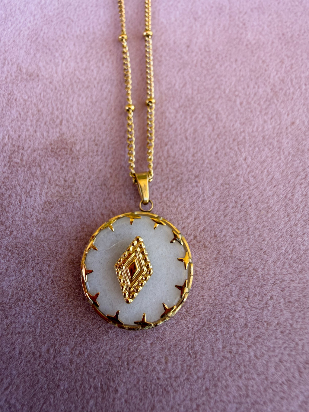 Gold Round White Mother of Pearl Pendant Necklace with Diamond Geometric Center