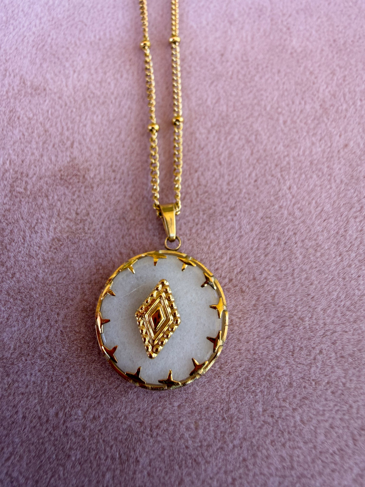 Gold Round White Mother of Pearl Pendant Necklace with Diamond Geometric Center