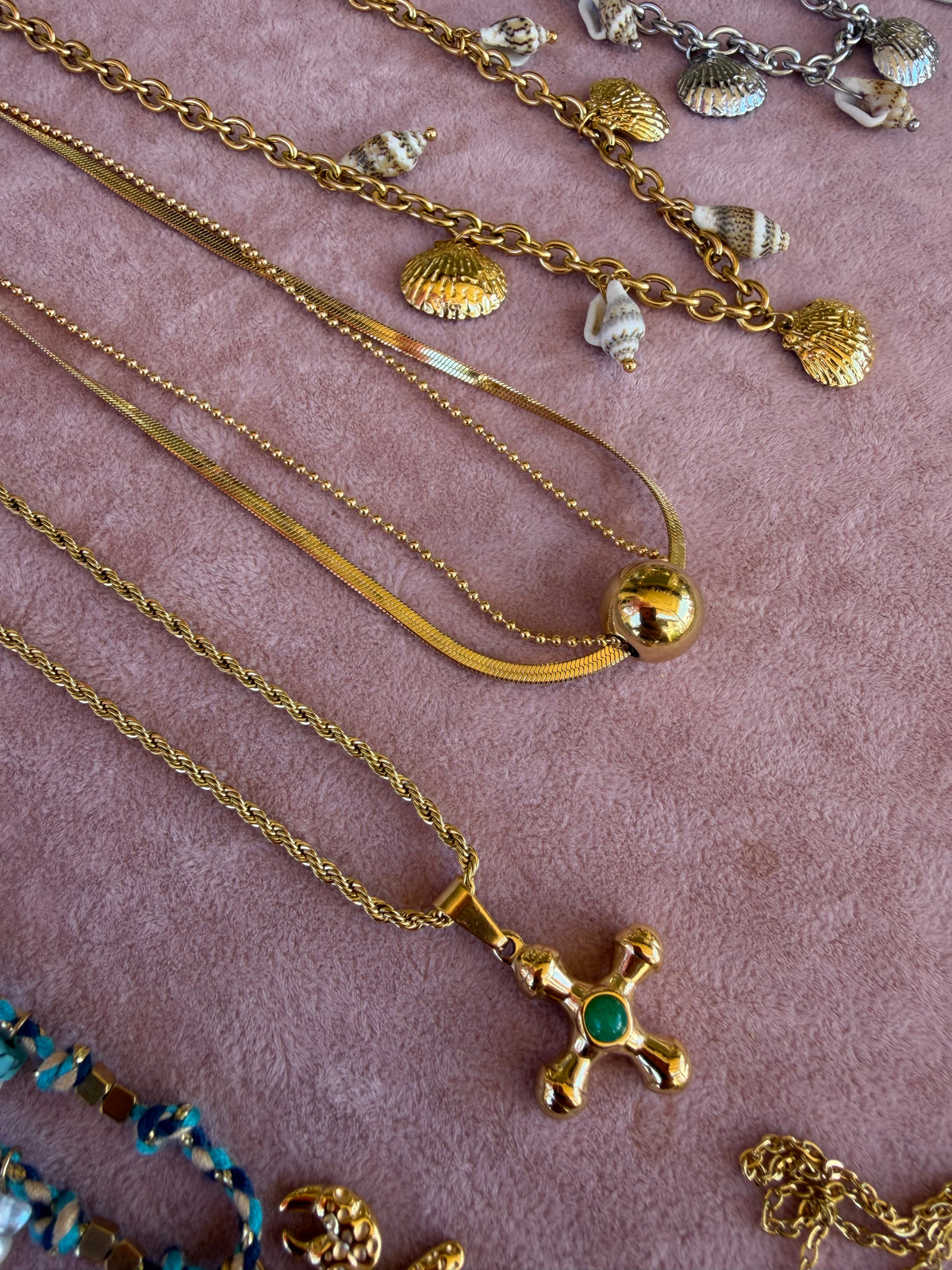 Gold Cross Pendant Necklace with Malachite Stone Center