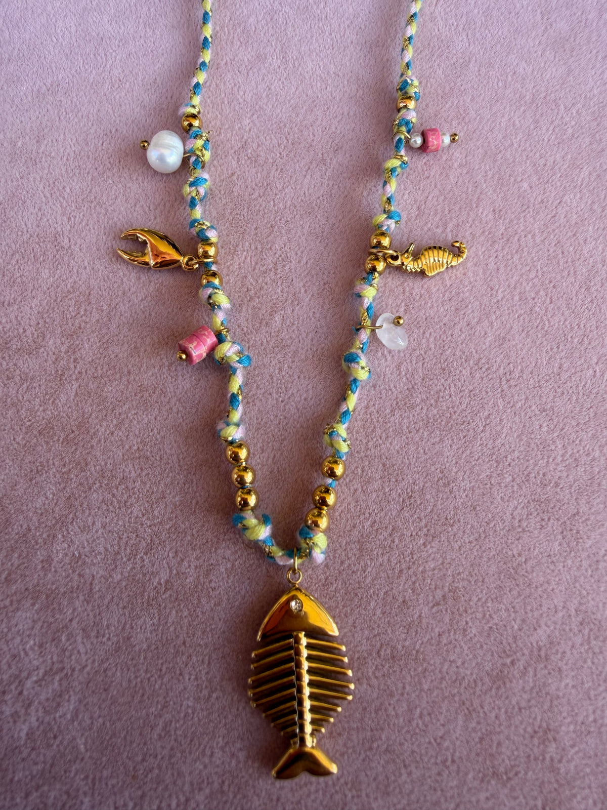 Braided Turquoise Cord Necklace with Gold Fish and Seahorse Charms