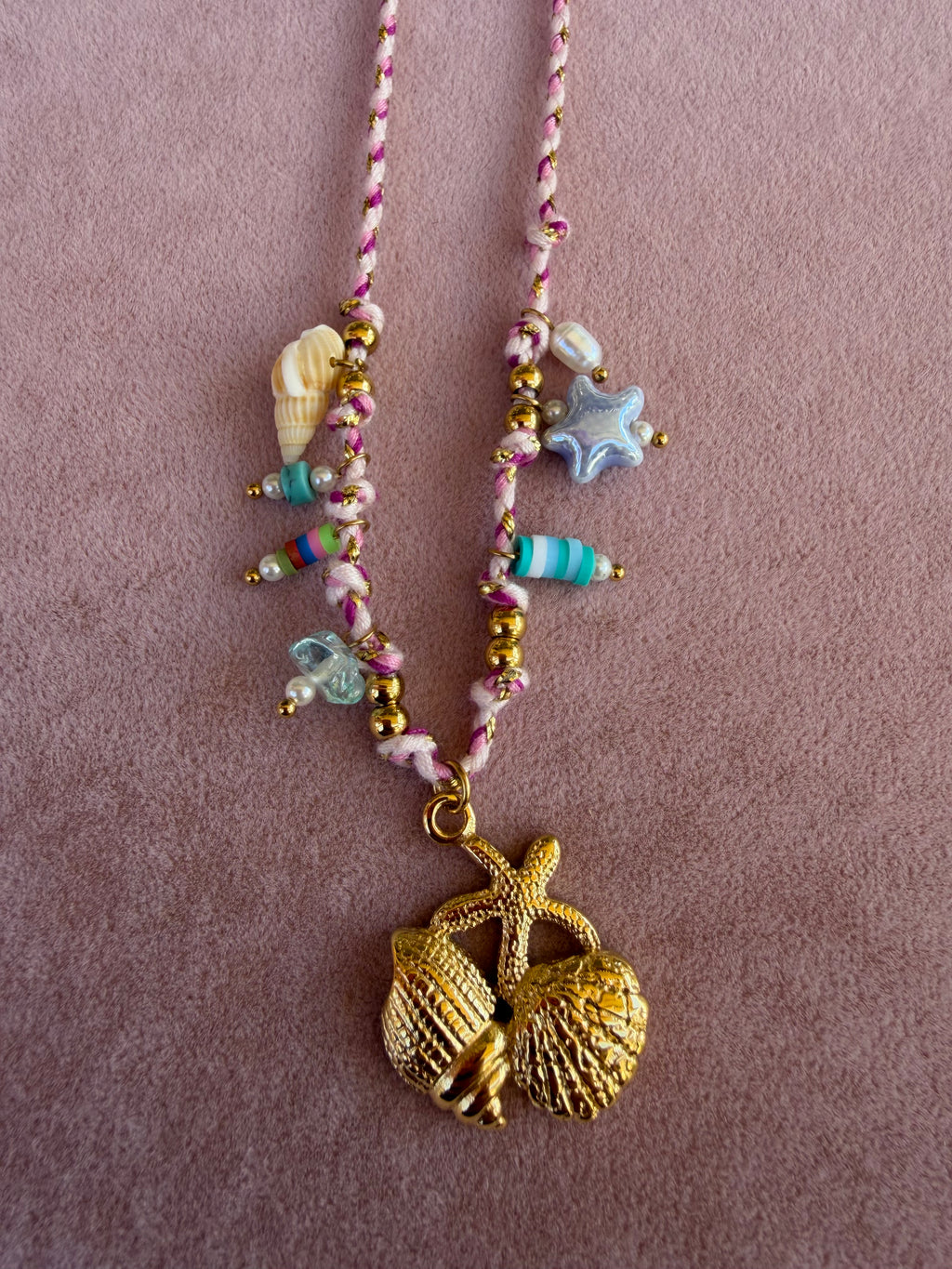 Braided Pink Cord Necklace with Gold Starfish and Shell Cluster