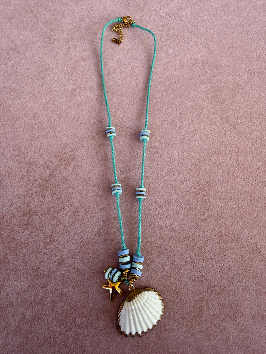 Mint Cord Necklace with Real Shell and Gold Starfish Charm