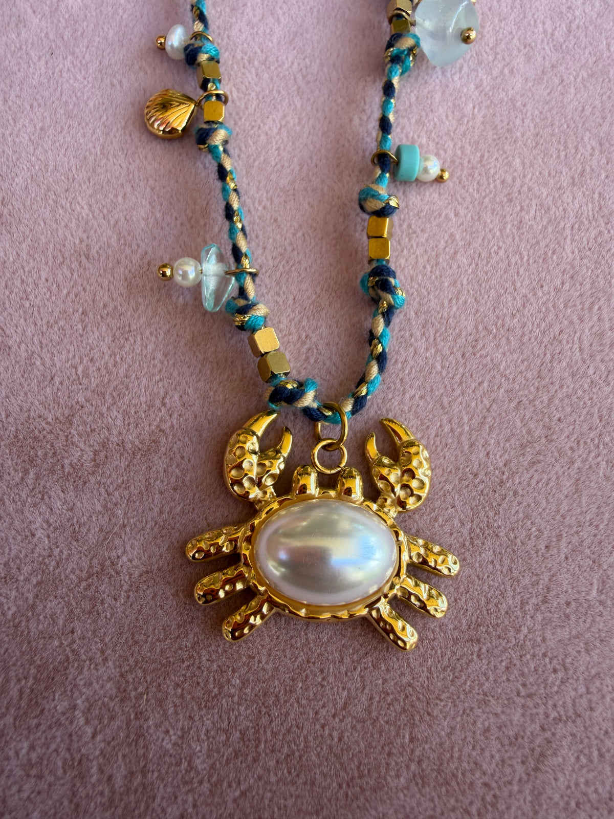 Braided Turquoise Cord Necklace with Gold Crab and Pearl Pendant