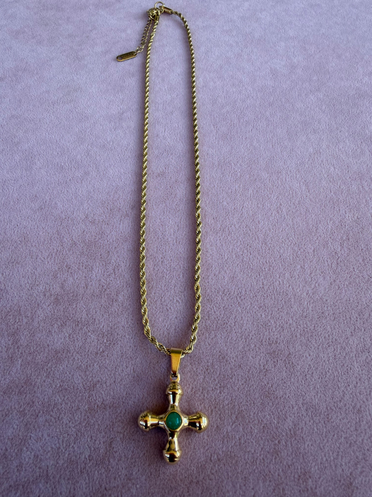 Gold Ball-Tip Cross Pendant Necklace with Green Stone Center