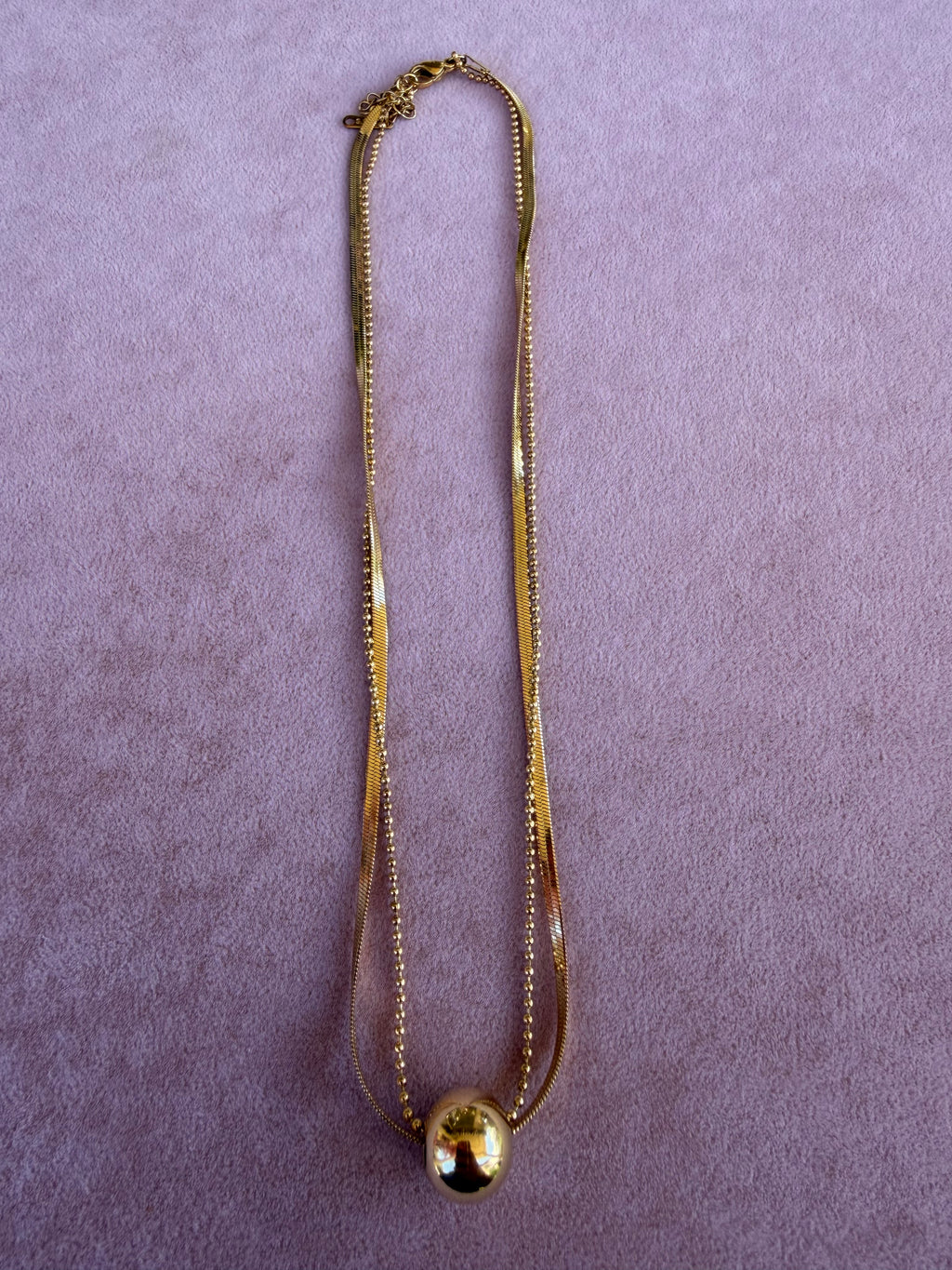 Gold Double Strand Layered Necklace with Gold Ball Pendant