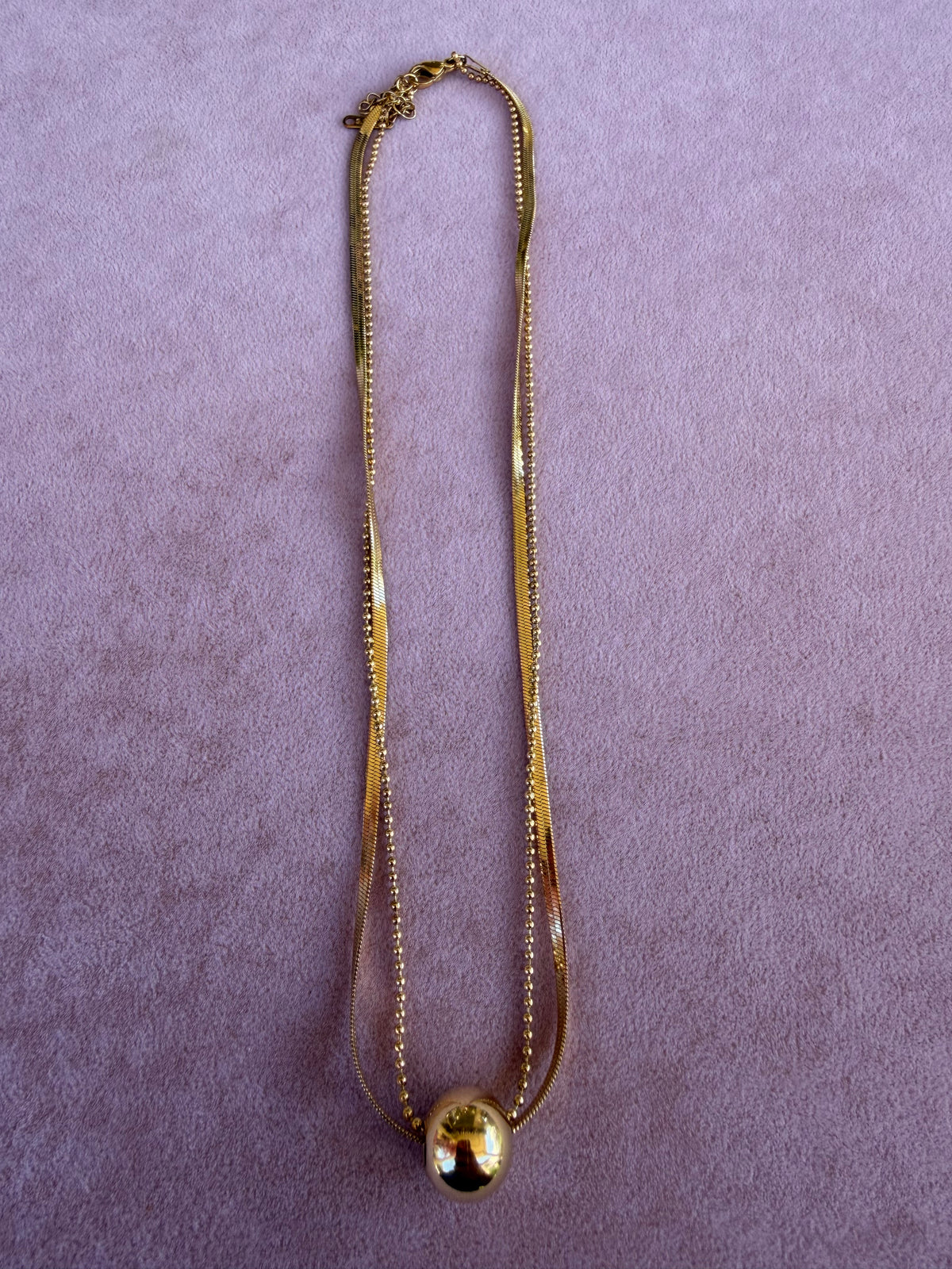 Gold Double Strand Layered Necklace with Gold Ball Pendant