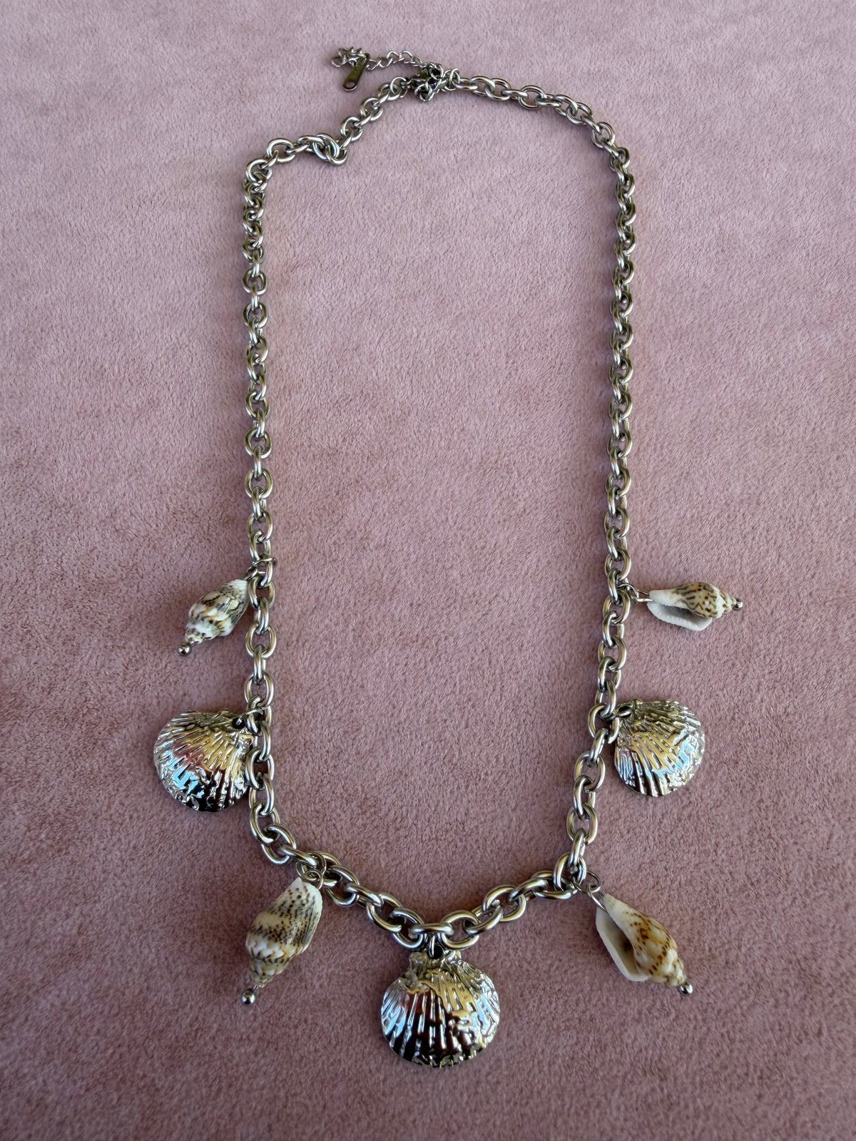 Silver Chain Necklace with Scallop Shell and Conch Charm Pendants