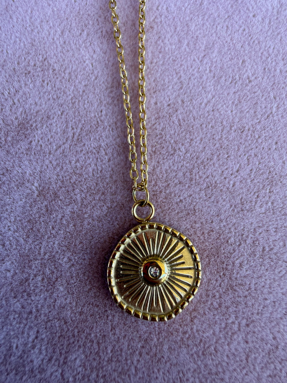 Gold Sunburst Radiant Wheel Disc Pendant Necklace