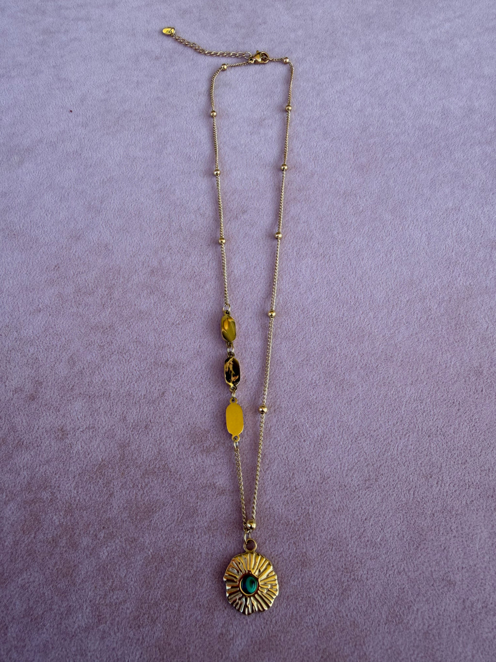 Gold Sunflower Disc Pendant Necklace with Teal Stone Center