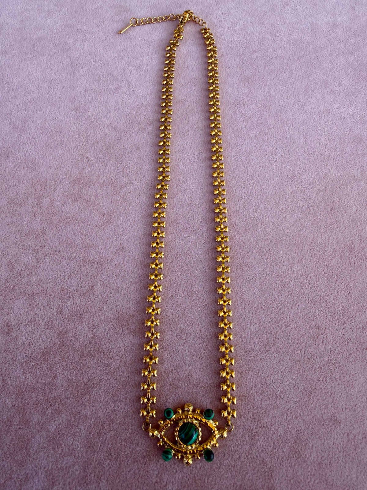 Gold Chain Necklace with Malachite Multi-Stone Medallion Pendant