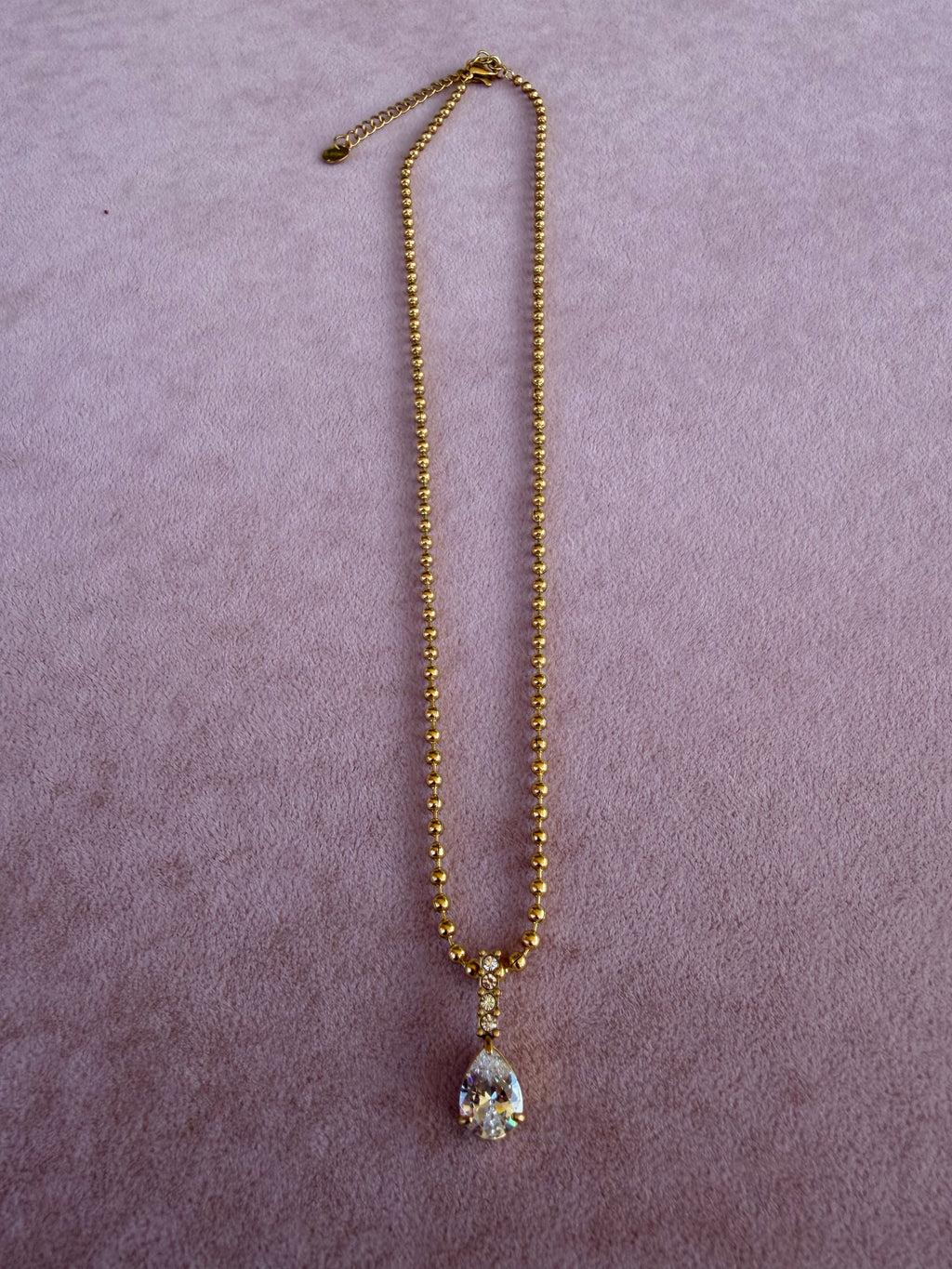 Gold Ball Chain Necklace with Pear Crystal Drop Pendant