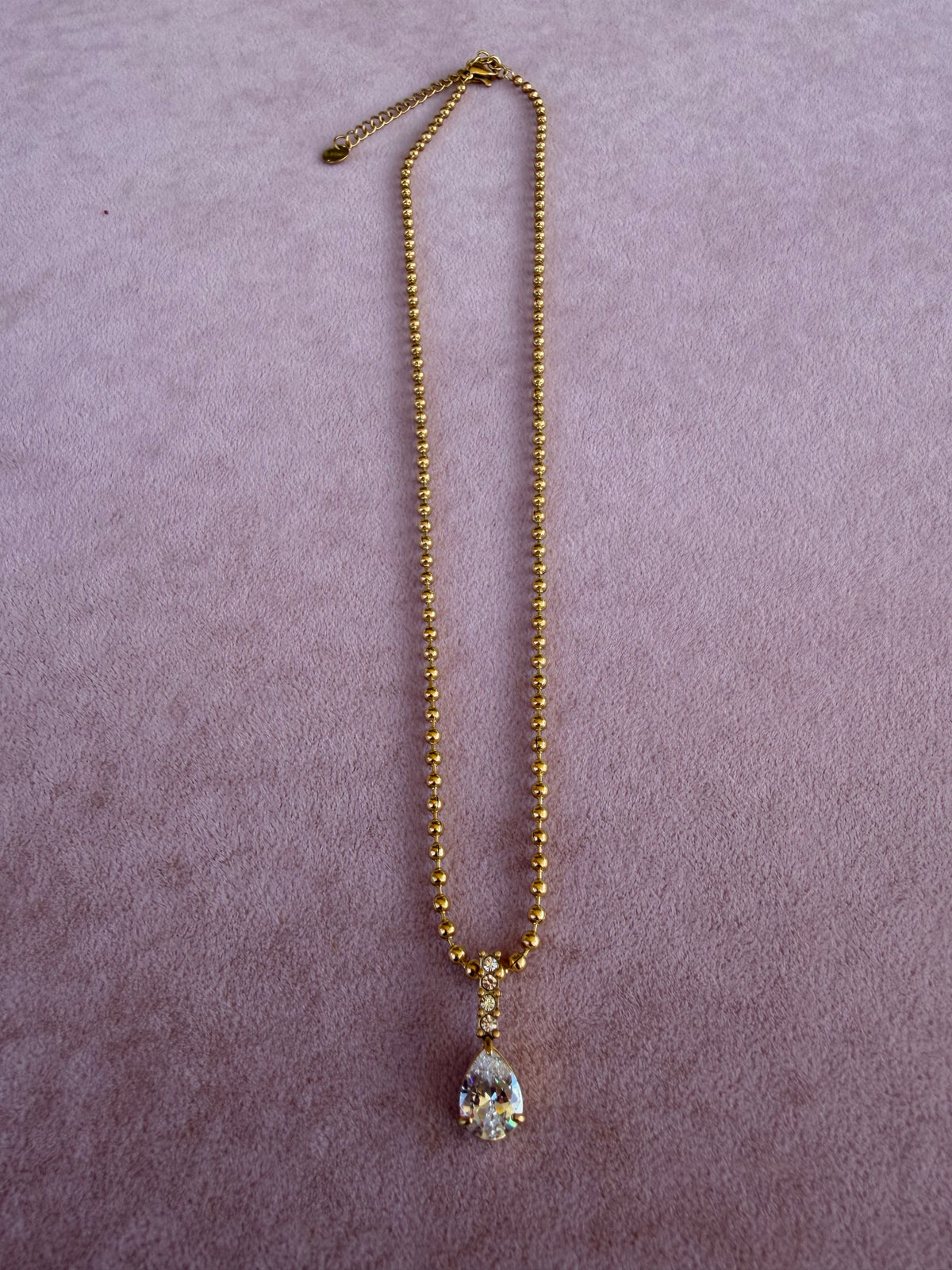 Gold Ball Chain Necklace with Pear Crystal Drop Pendant