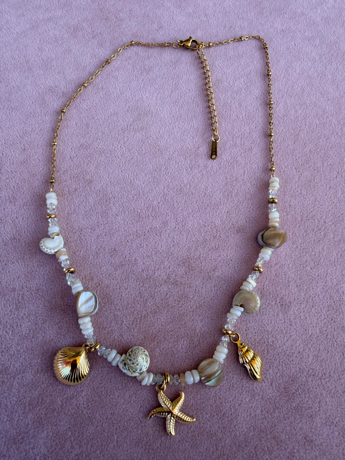 Gold Beaded Ocean Charm Necklace with Starfish Seashell and Conch Pendants