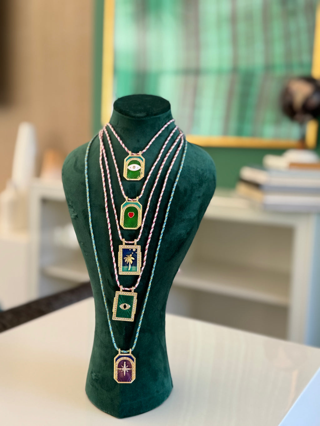 Enamel Detailed Gold Plated Stainless Steel Cord Necklace