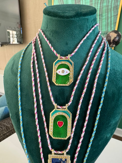 Enamel Detailed Gold Plated Stainless Steel Cord Necklace