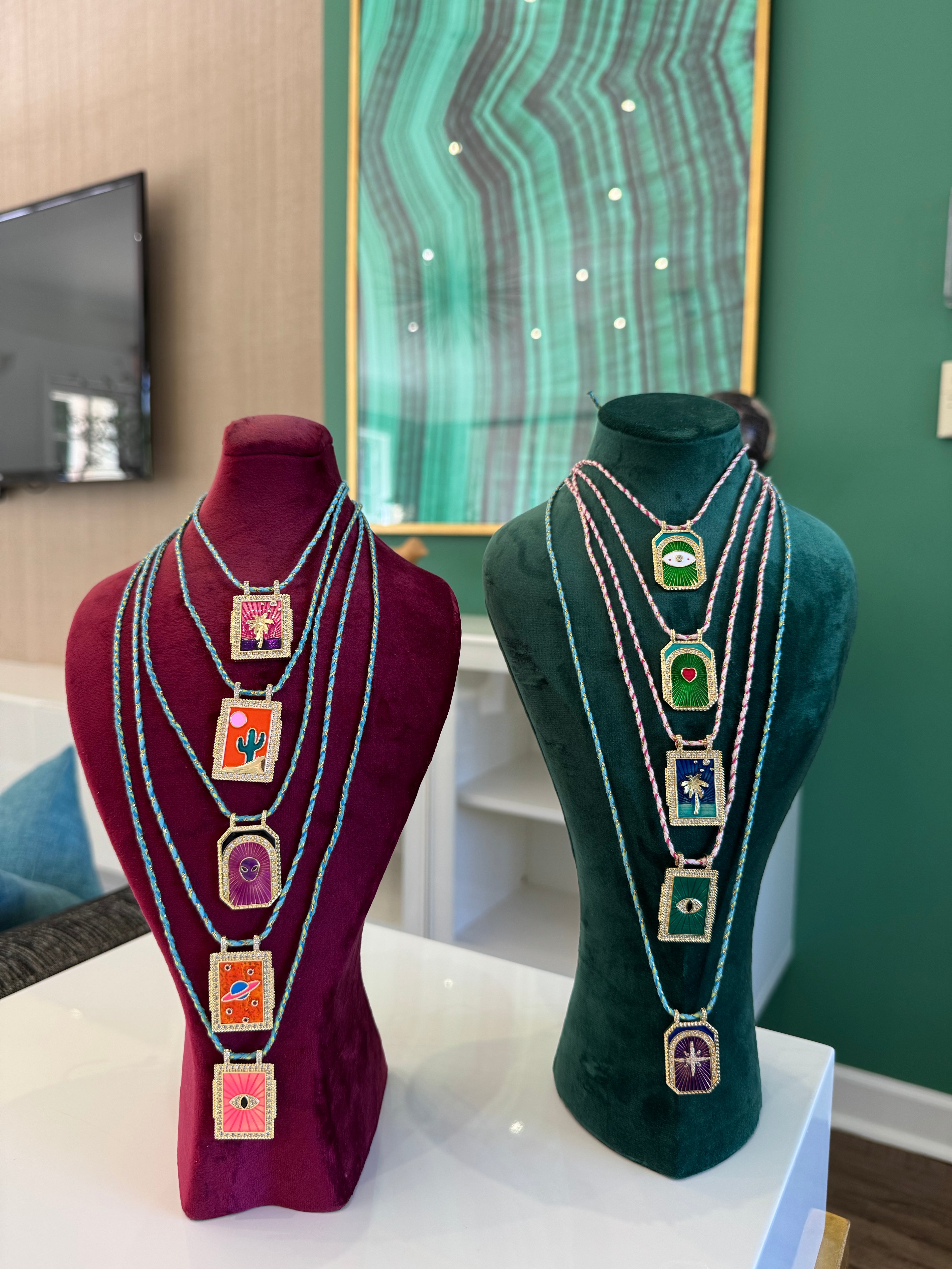 Enamel Detailed Gold Plated Stainless Steel Cord Necklace