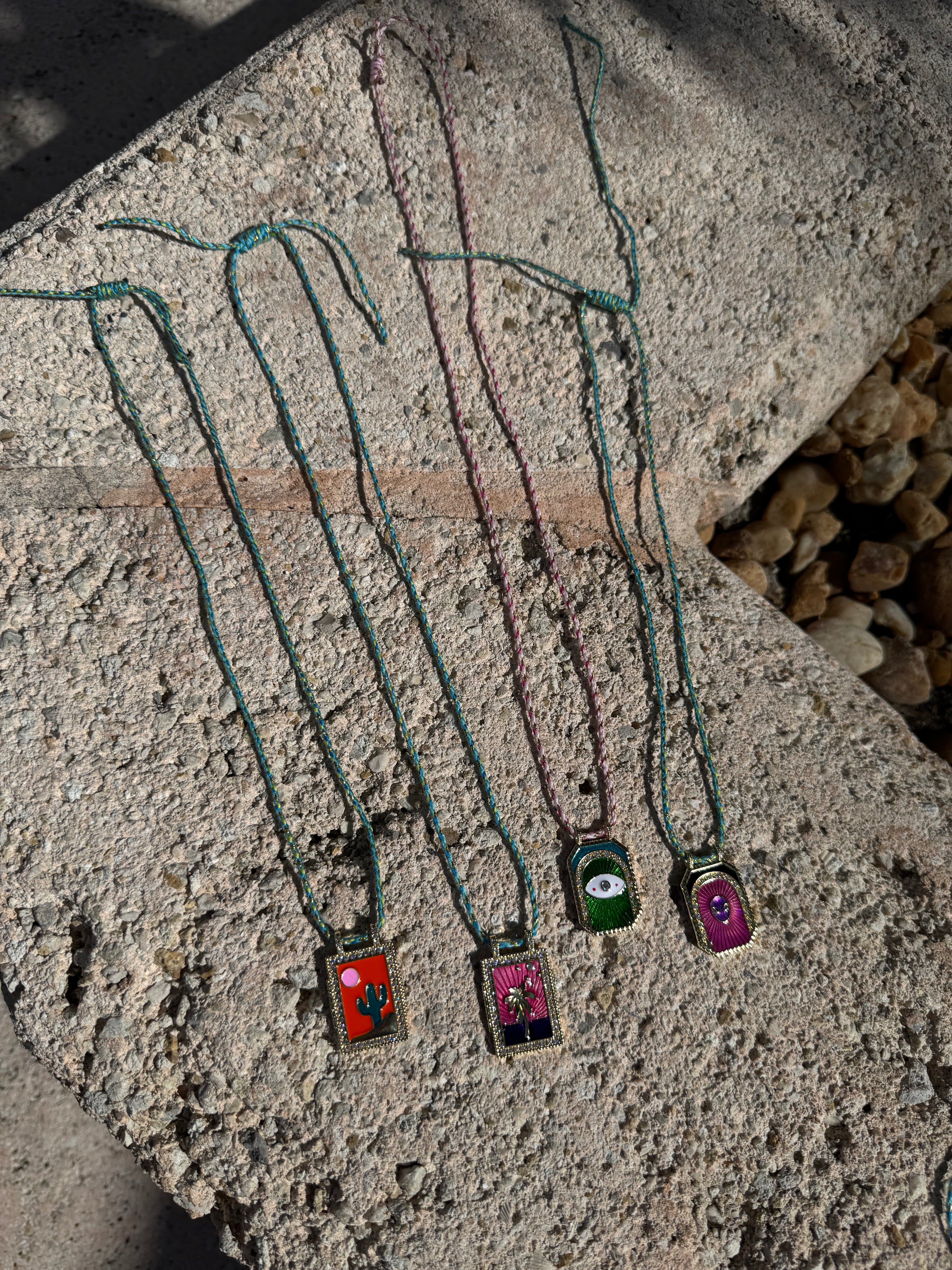 Enamel Detailed Gold Plated Stainless Steel Cord Necklace