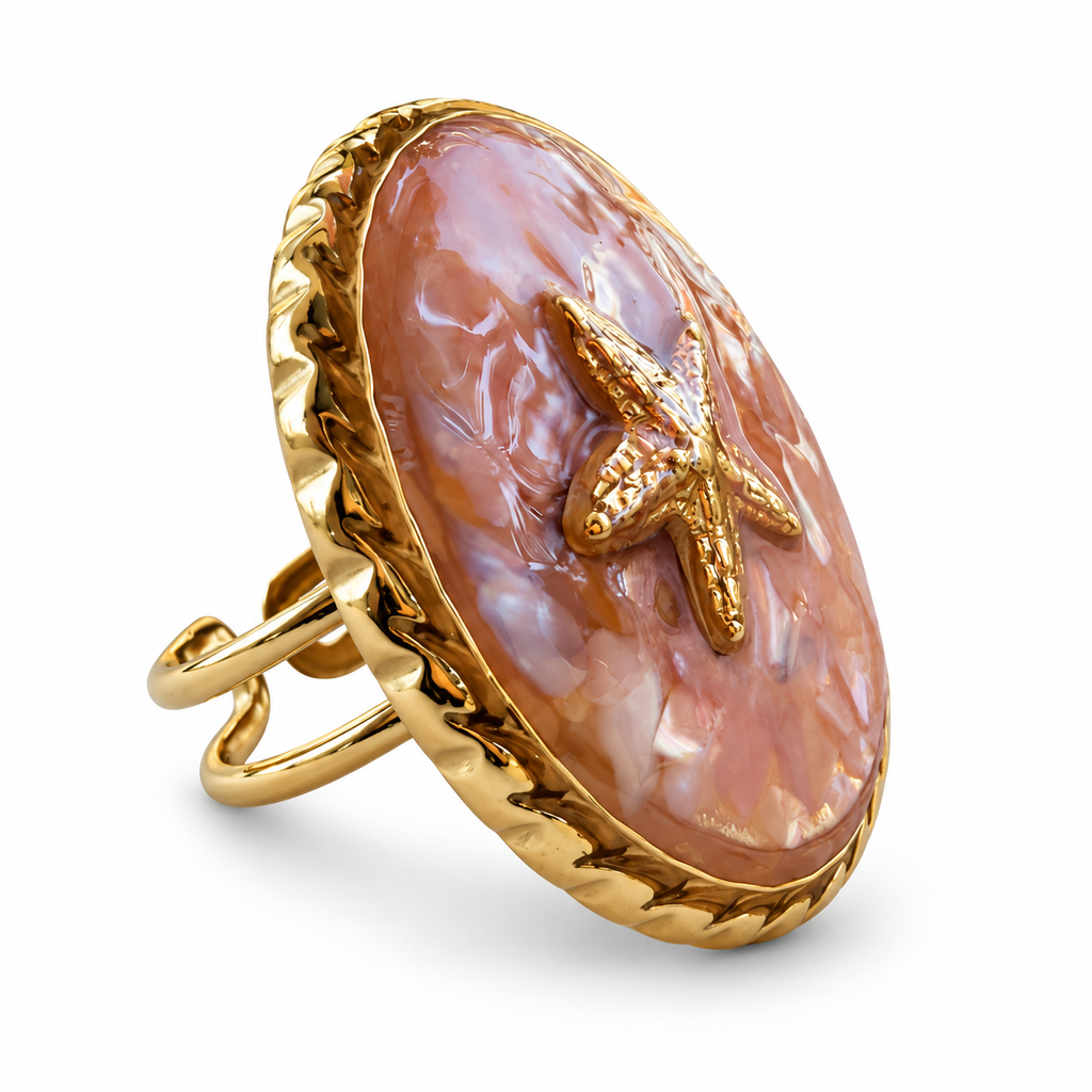 Gold Pink Stone Starfish Statement Ring side view