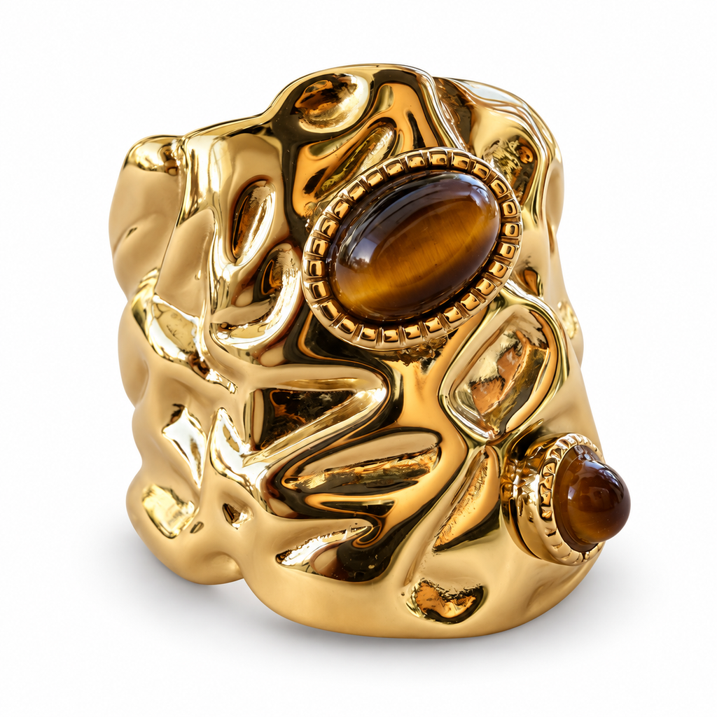 Gold Hammered Multi Tiger Eye Cuff Ring front view