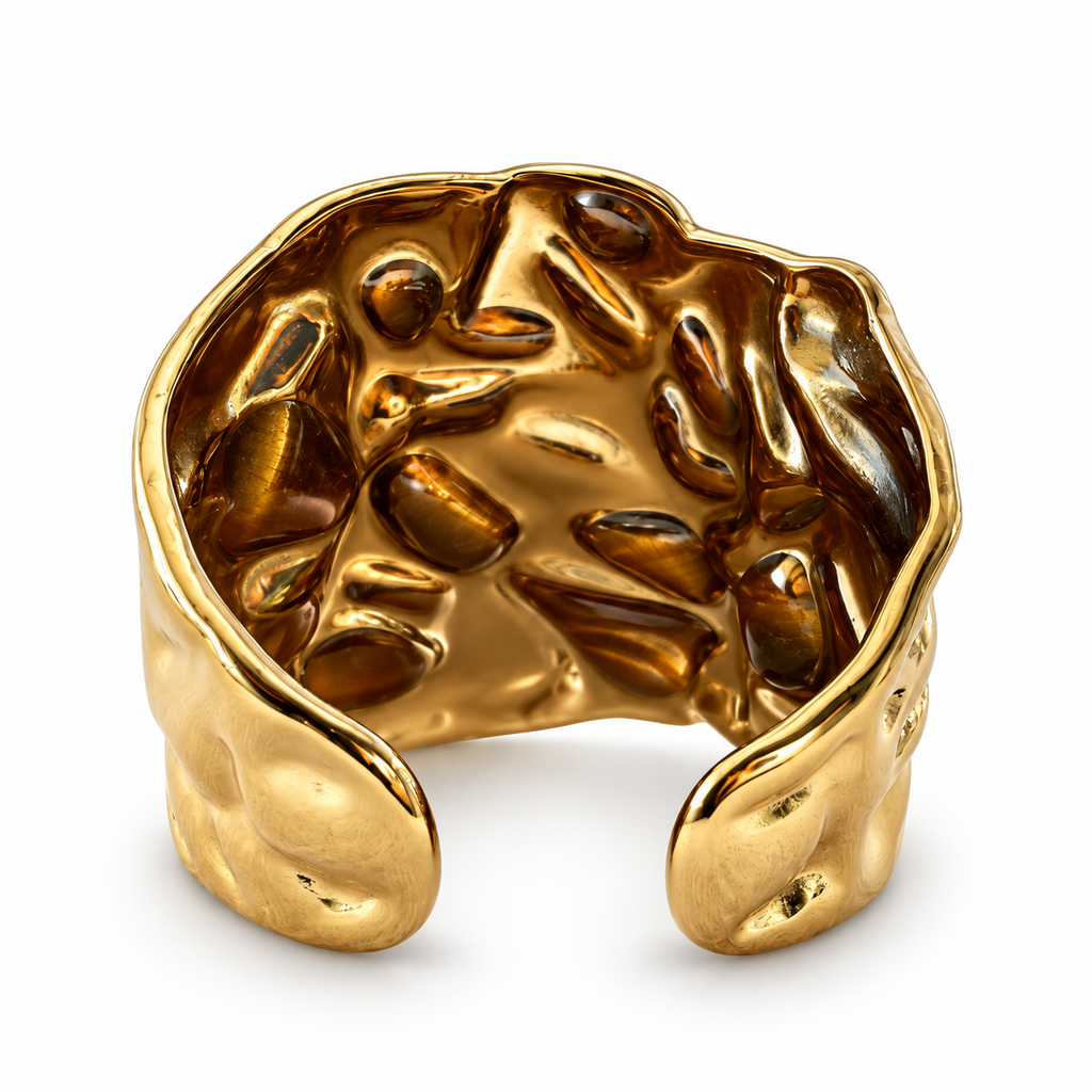 Gold Hammered Multi Tiger Eye Cuff Ring back view