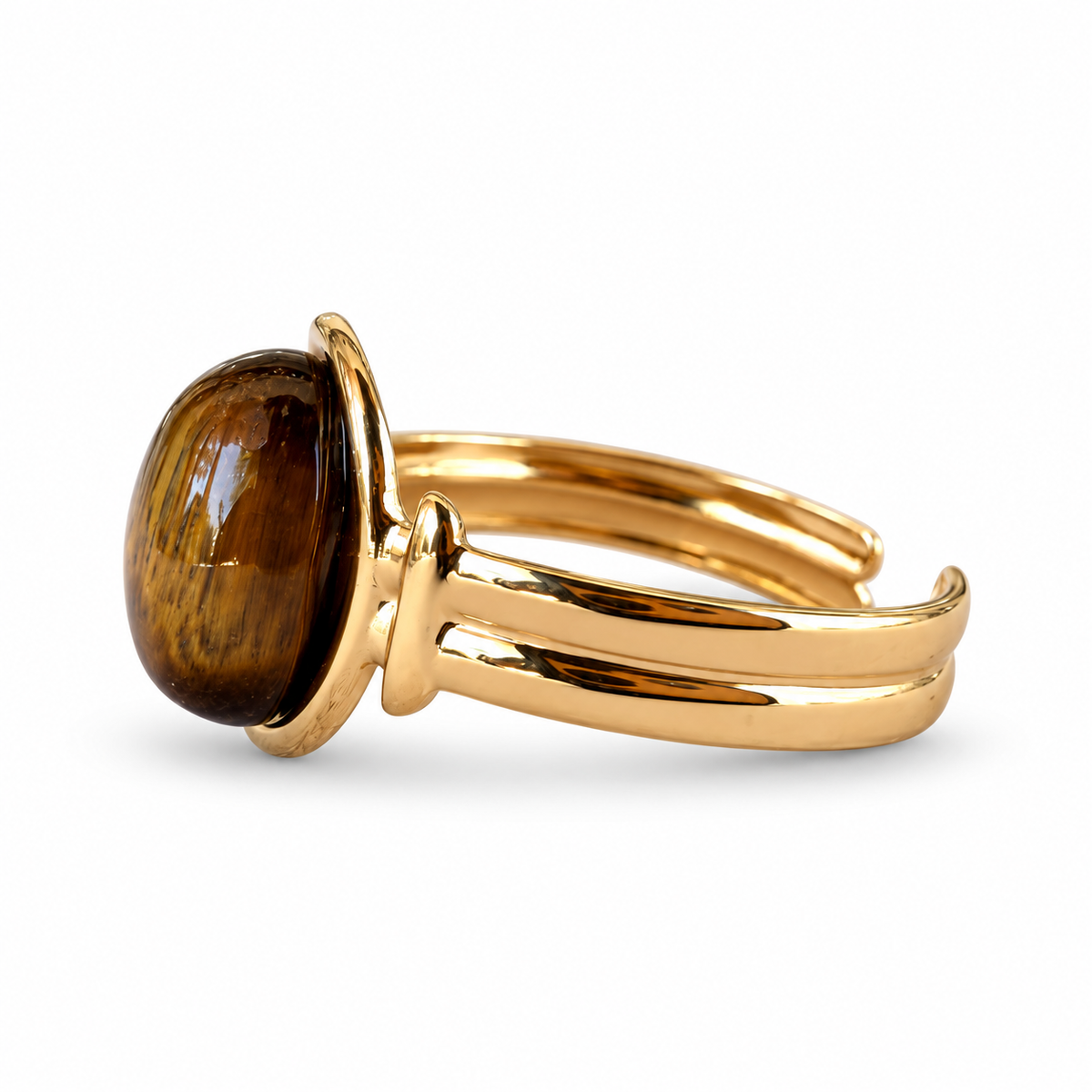 Gold Oval Tiger Eye Double Band Ring side view