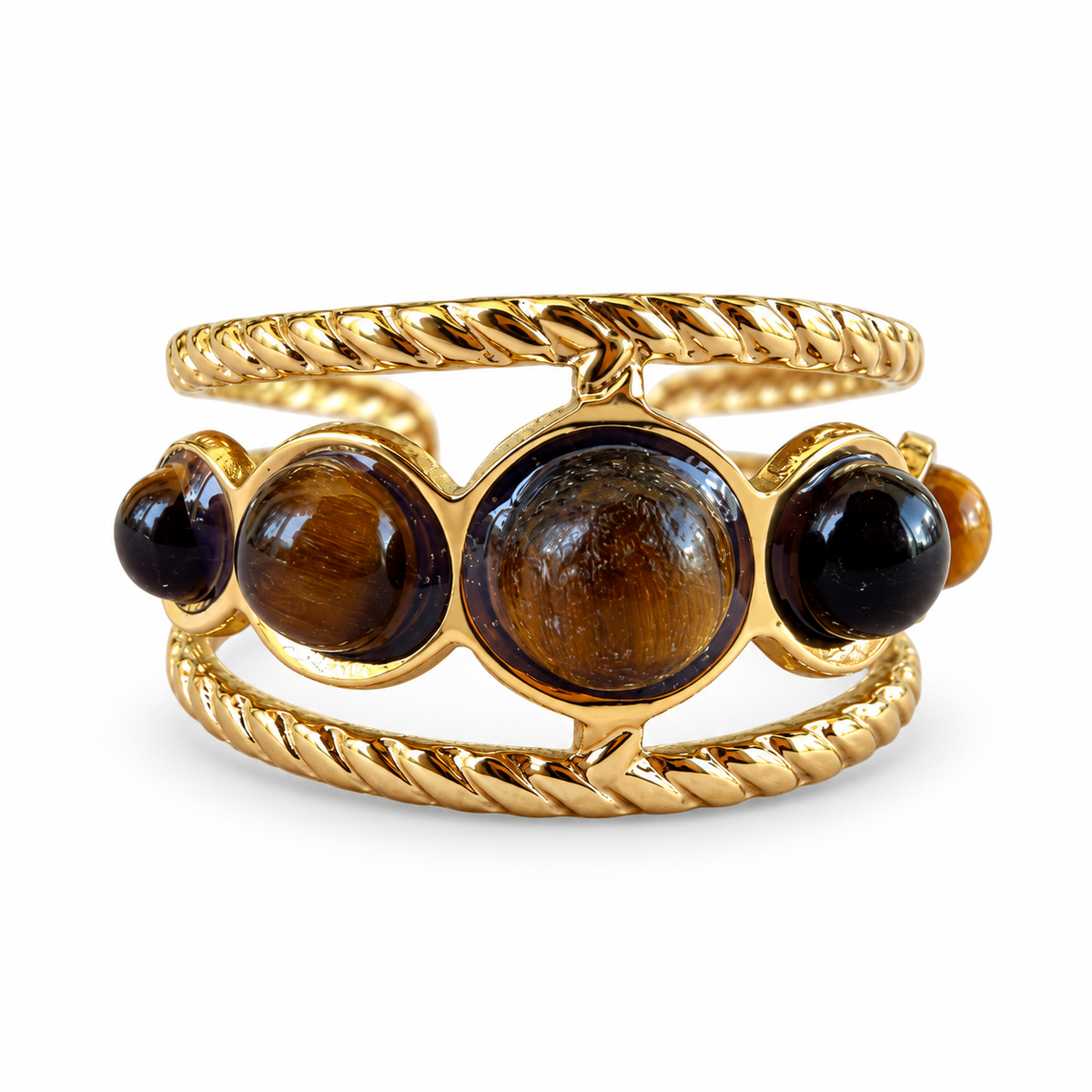 Gold five-stone tiger eye rope cuff ring front view
