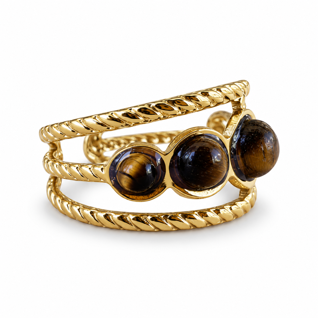 Gold five-stone tiger eye rope cuff ring angled view