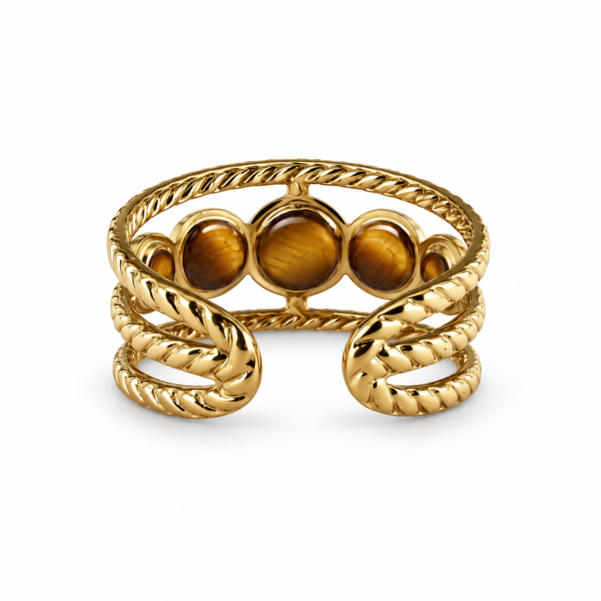 Gold five-stone tiger eye rope cuff ring back view