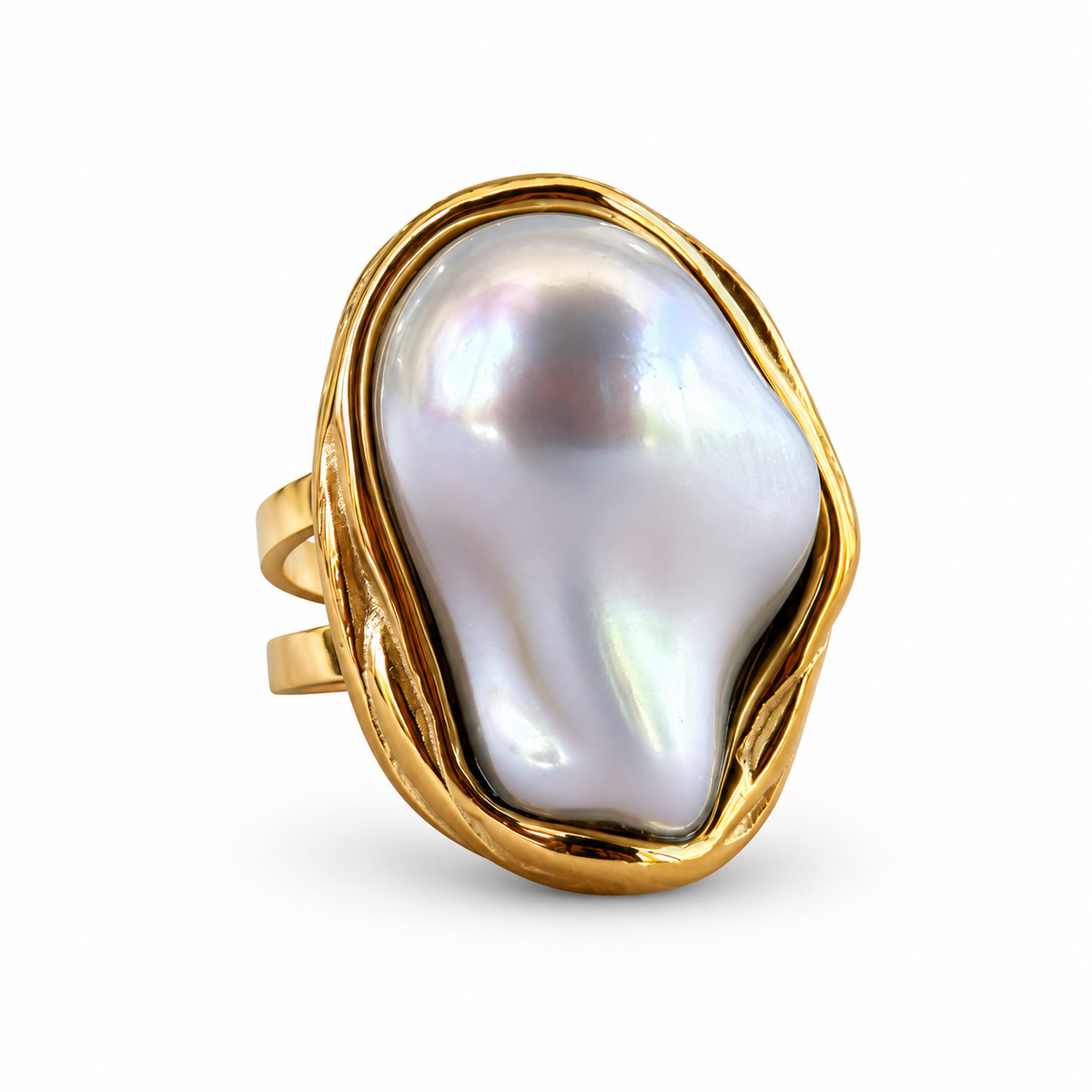 Gold baroque pearl statement ring front view