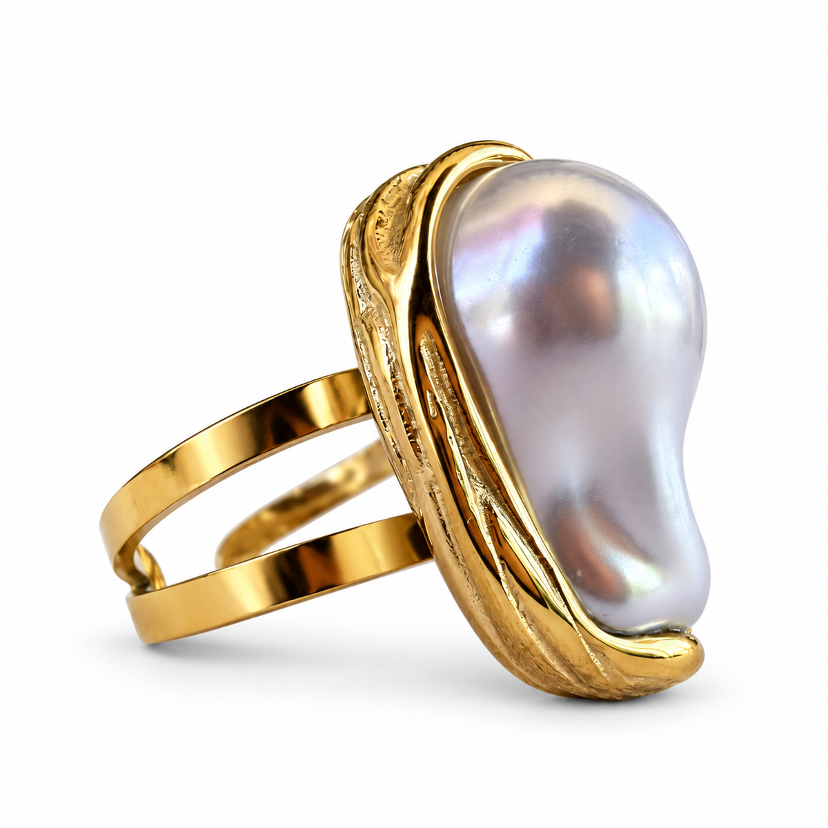 Gold baroque pearl statement ring side view
