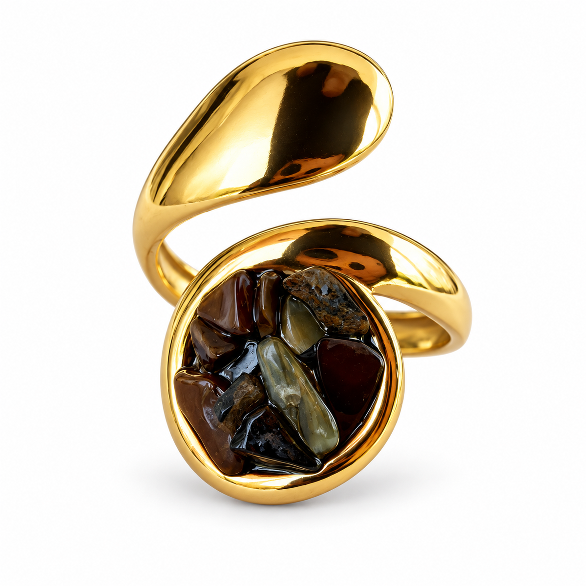 Gold natural stone chip swirl ring front view