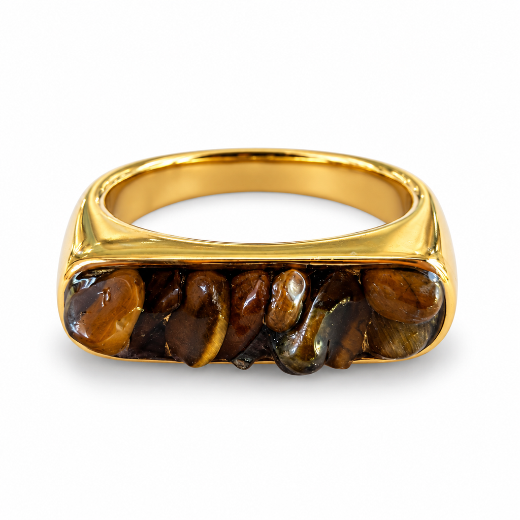 Gold brown natural stone chip rectangular signet ring front view