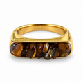 Gold brown natural stone chip rectangular signet ring front view