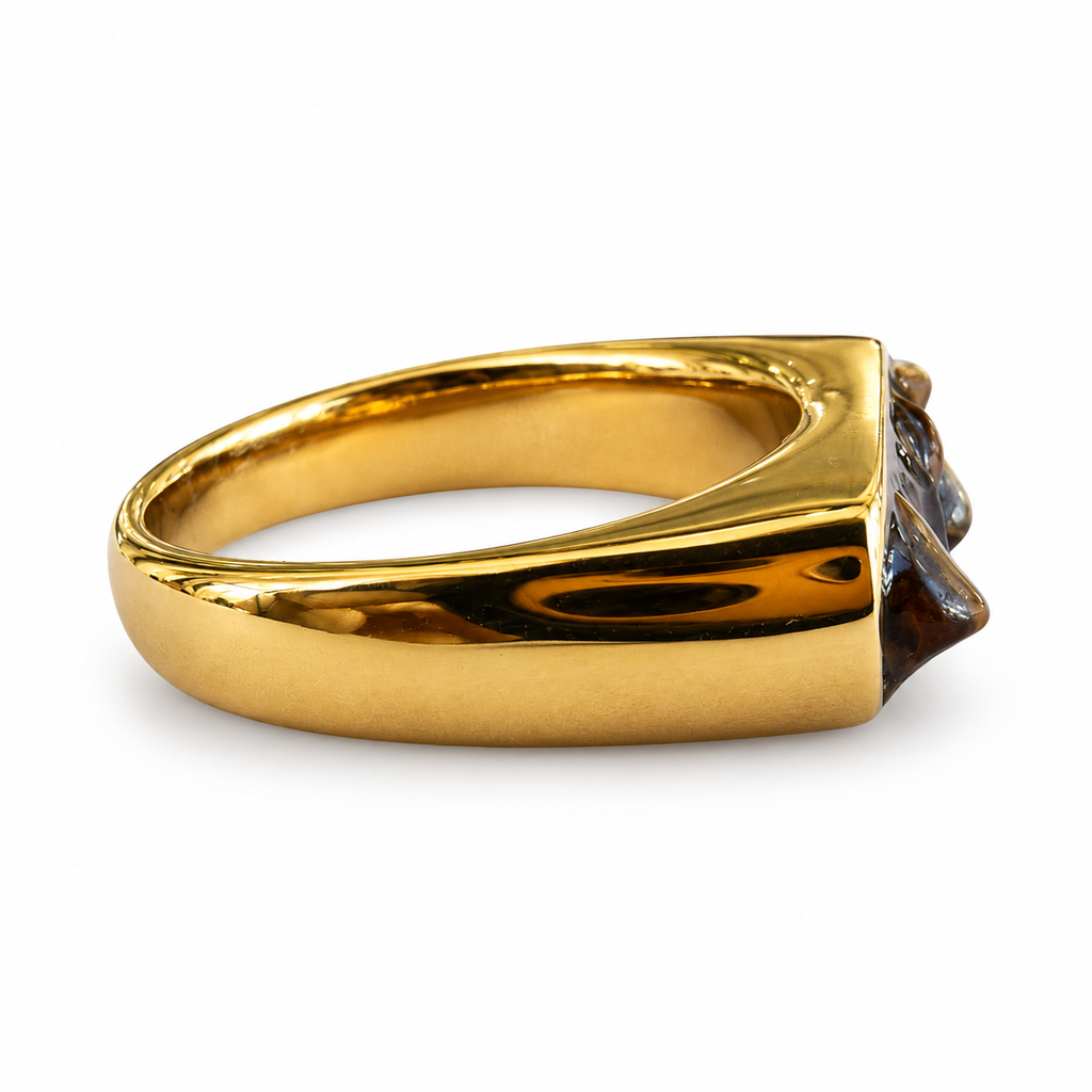 Gold brown natural stone chip rectangular signet ring side view