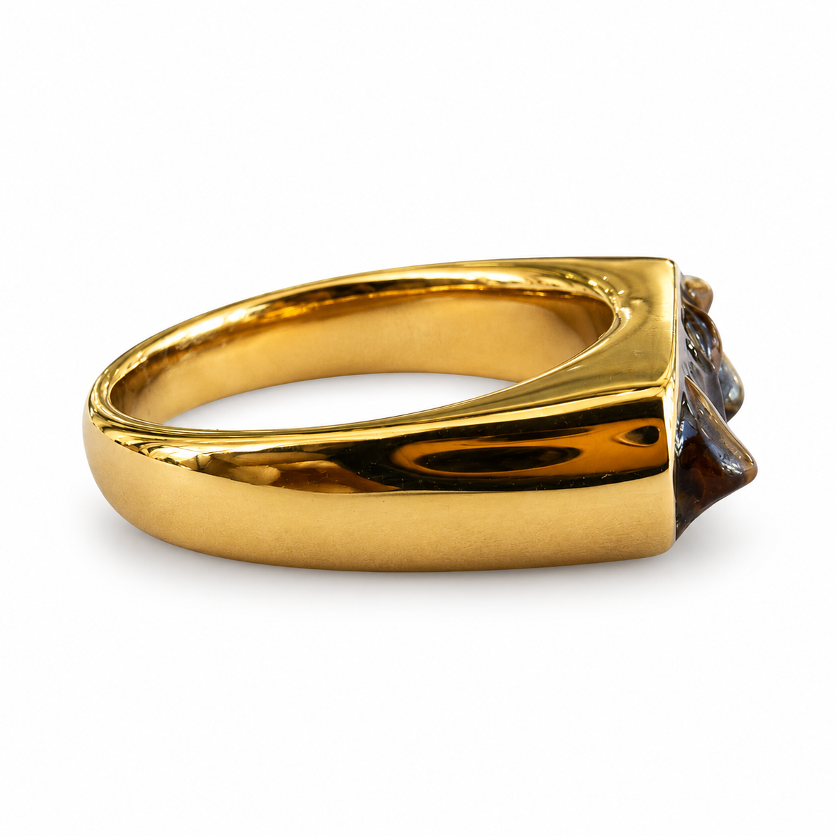 Gold brown natural stone chip rectangular signet ring side view