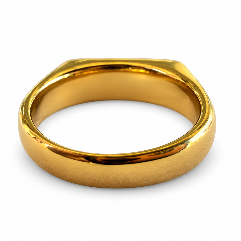 Gold brown natural stone chip rectangular signet ring back view