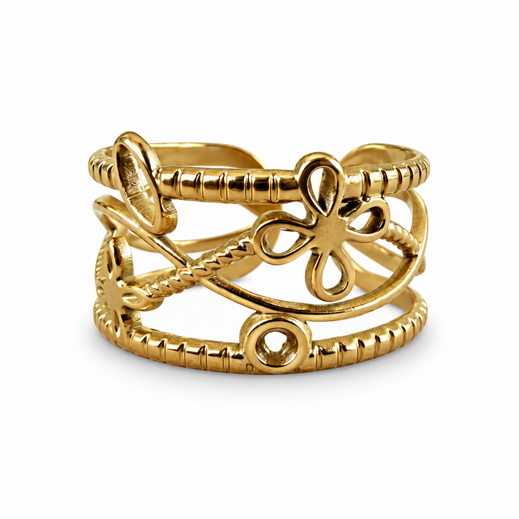 Gold floral openwork multi-band ring front view