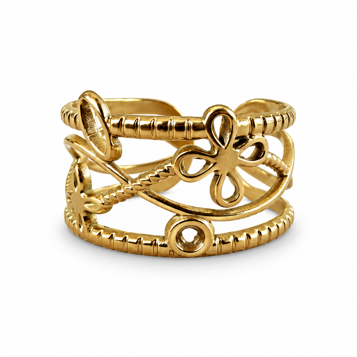 Gold floral openwork multi-band ring front view