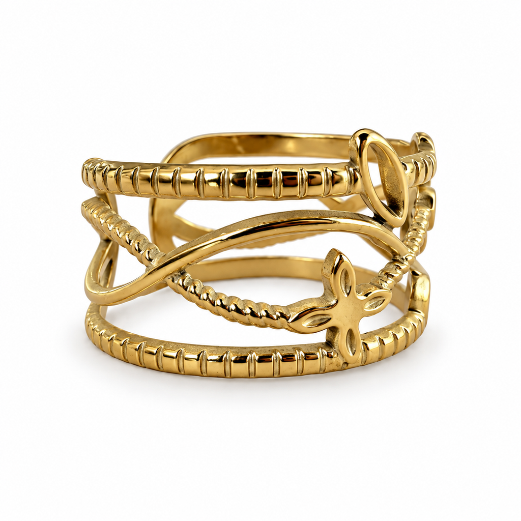 Gold floral openwork multi-band ring angled view
