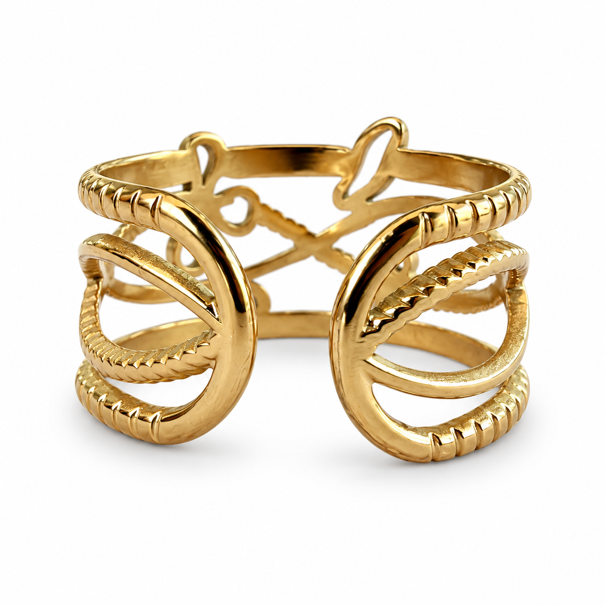 Gold floral openwork multi-band ring back view