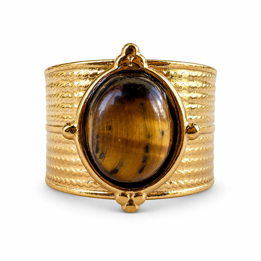 Gold oval tiger eye textured cuff ring front view