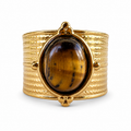 Gold oval tiger eye textured cuff ring front view