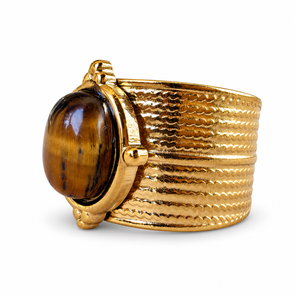 Gold oval tiger eye textured cuff ring side view