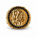 Gold ancient figures coin ring with black crystals front view